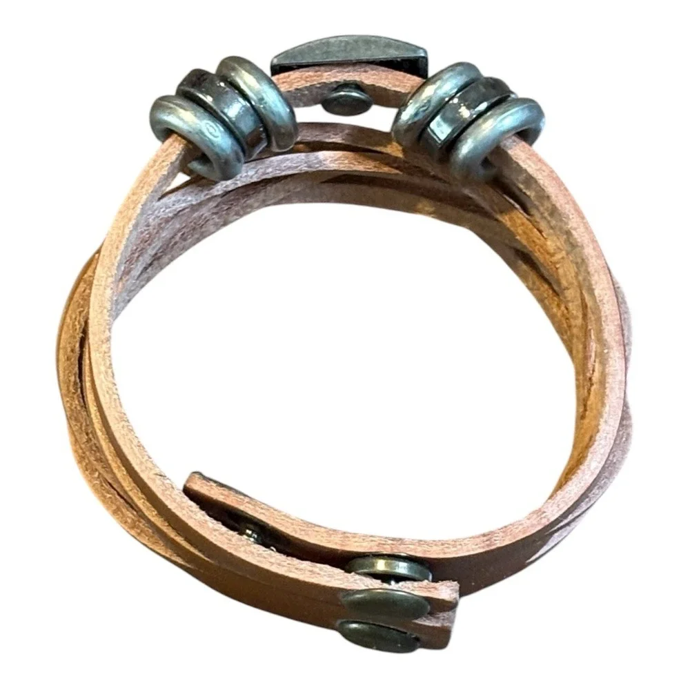 Leather‎ Cuff Bracelet OS Brown Braided Multi-Strand Metal Accents Boho Rustic